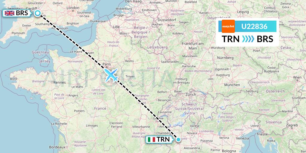 U22836 EasyJet Flight Map: Turin to Bristol