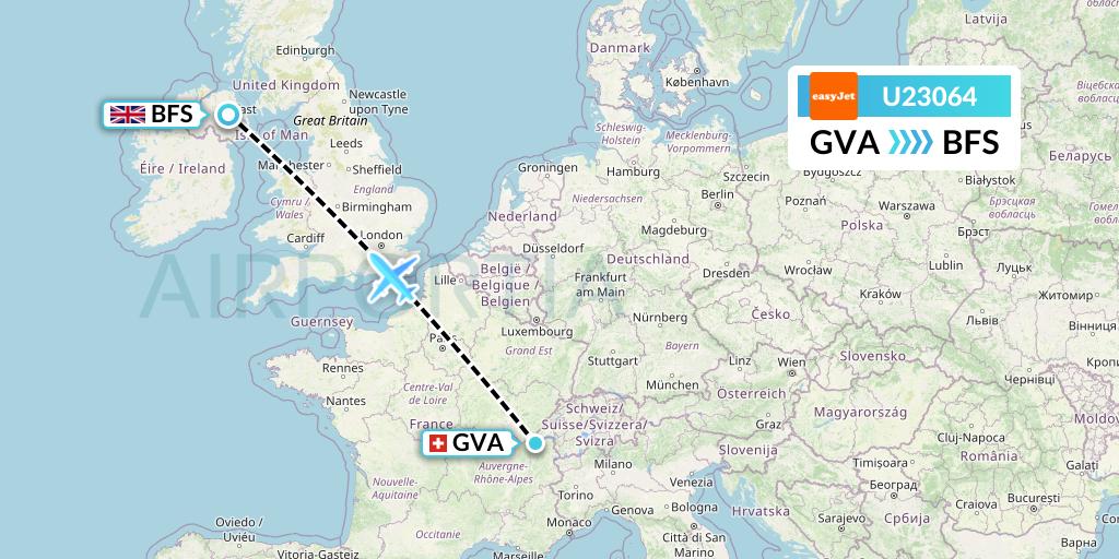 U23064 EasyJet Flight Map: Geneva to Belfast