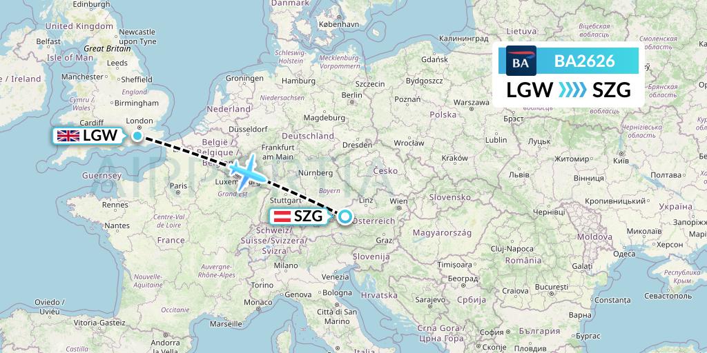 BA2626 British Airways Flight Map: London to Salzburg