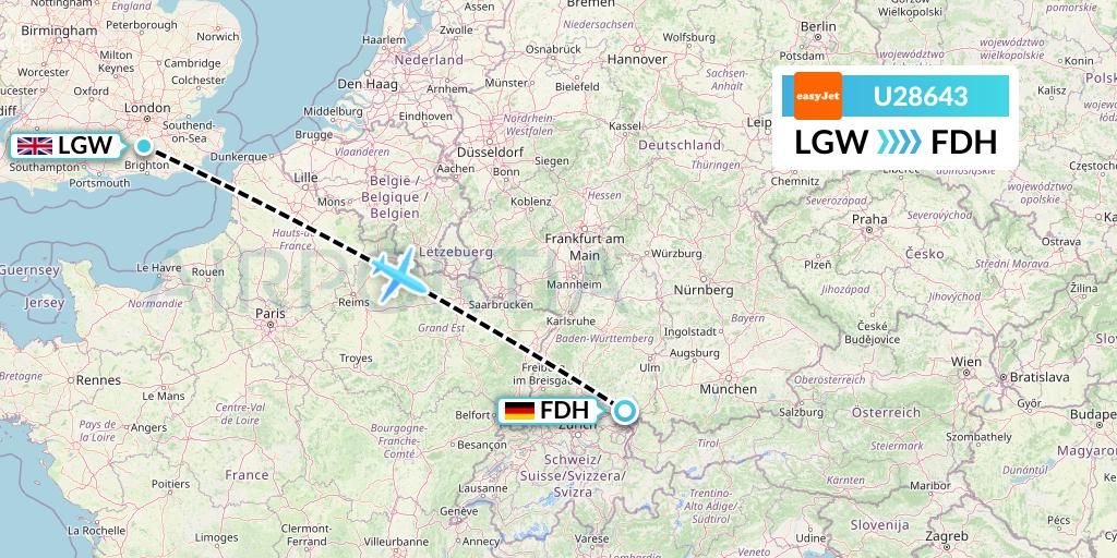 U28643 EasyJet Flight Map: London to Friedrichshafen