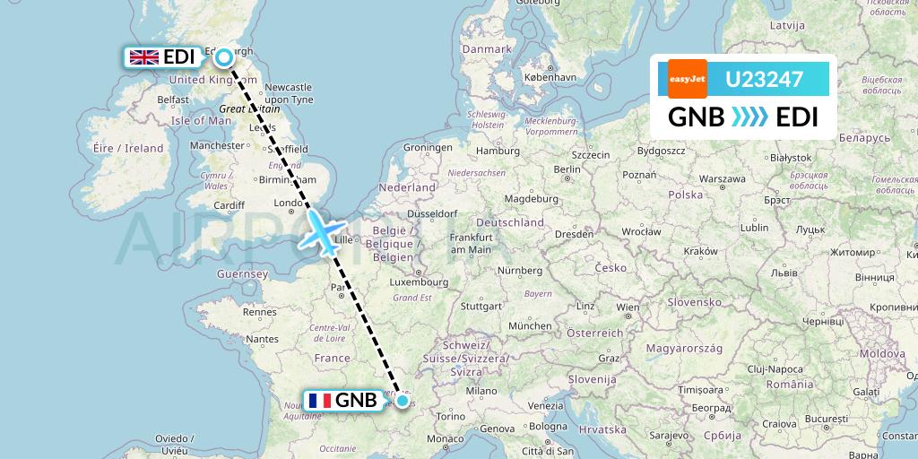 U23247 EasyJet Flight Map: Grenoble to Edinburgh