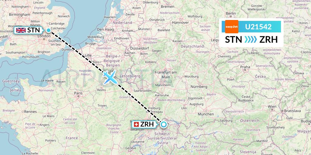 U21542 EasyJet Flight Map: London to Zurich
