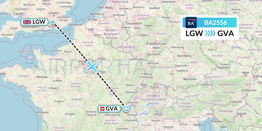 BA2556 British Airways Flight Map: London to Geneva