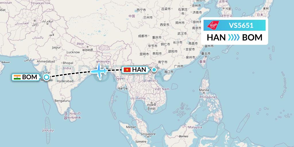 VS5651 Virgin Atlantic Airways Flight Map: Hanoi to Mumbai