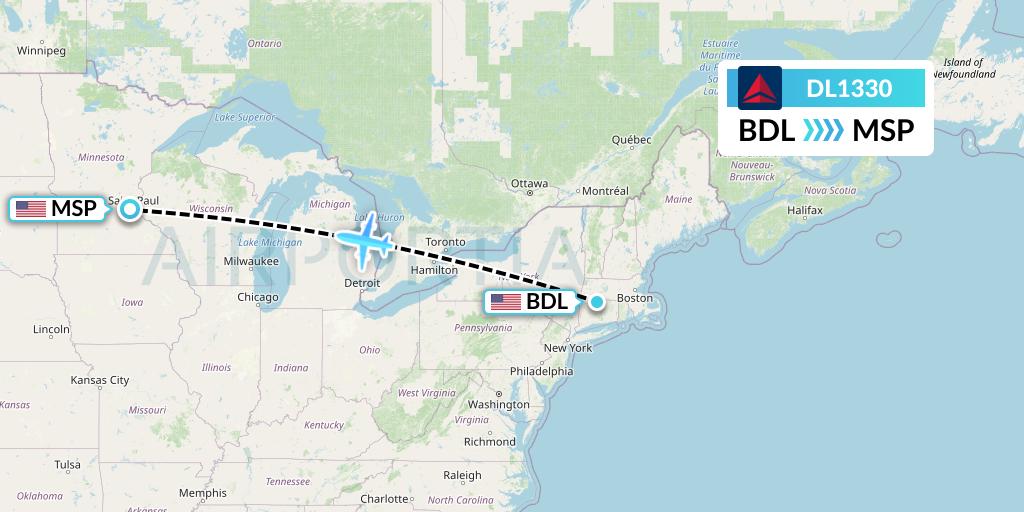 DL1330 Delta Air Lines Flight Map: Windsor Locks to Minneapolis