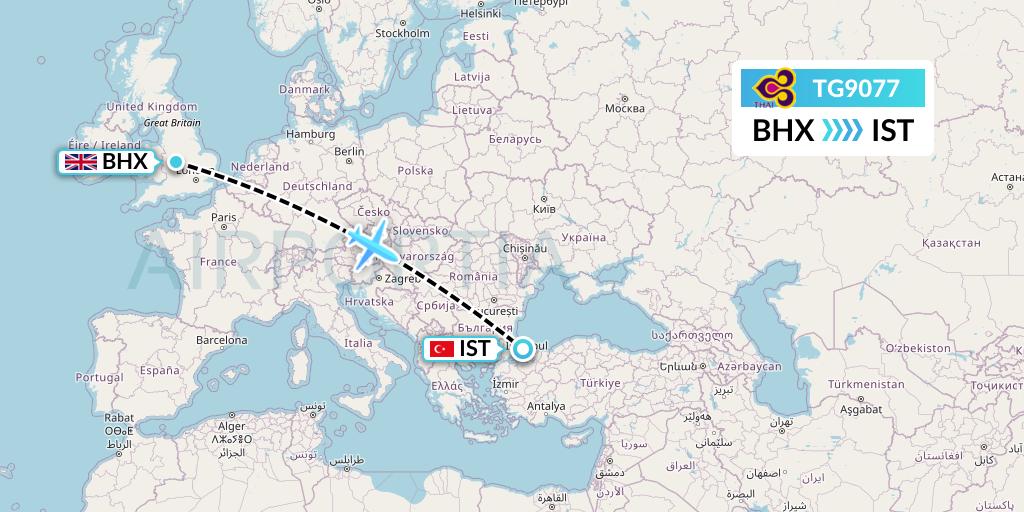 TG9077 Thai Airways Flight Map: Birmingham to Istanbul