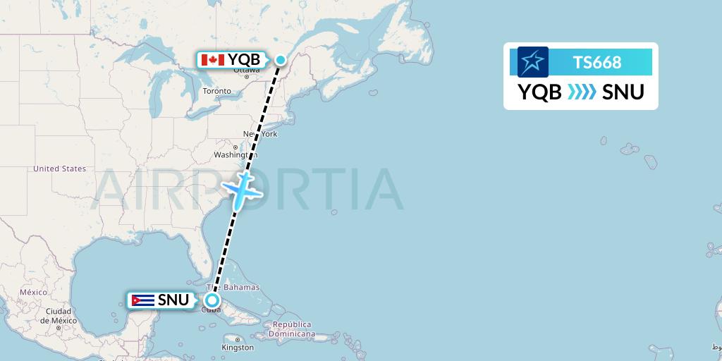 TS668 Air Transat Flight Map: Quebec to Santa Clara
