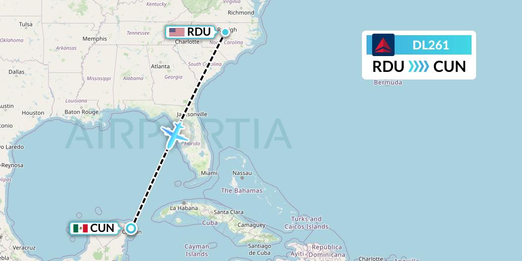 DL261 Delta Air Lines Flight Map: Raleigh-Durham to Cancun