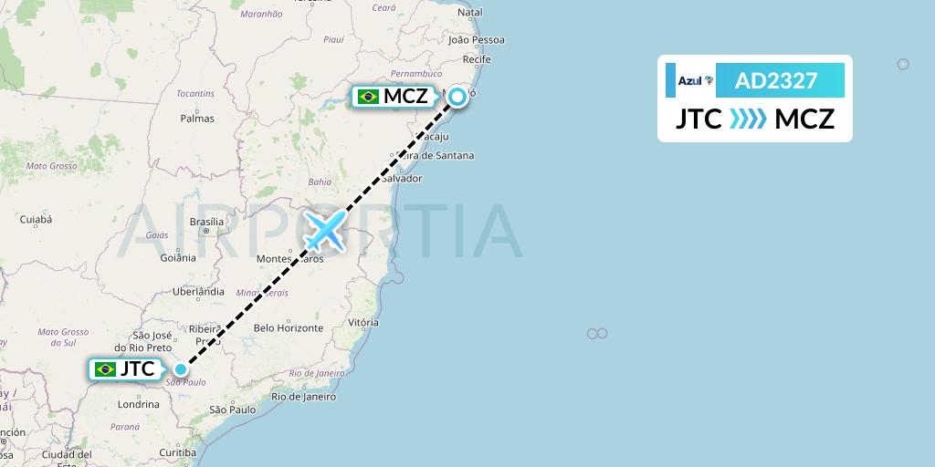 AD2327 Azul Brazilian Airlines Flight Map: Bauru to Maceio