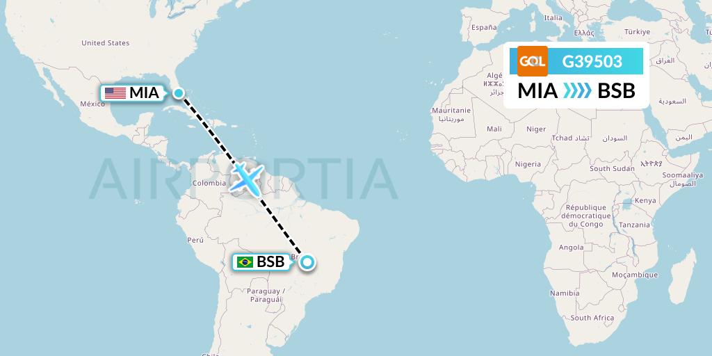 G39503 GOL Transportes Aeros Flight Map: Miami to Brasilia