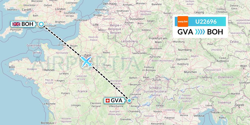 U22696 EasyJet Flight Map: Geneva to Bournemouth