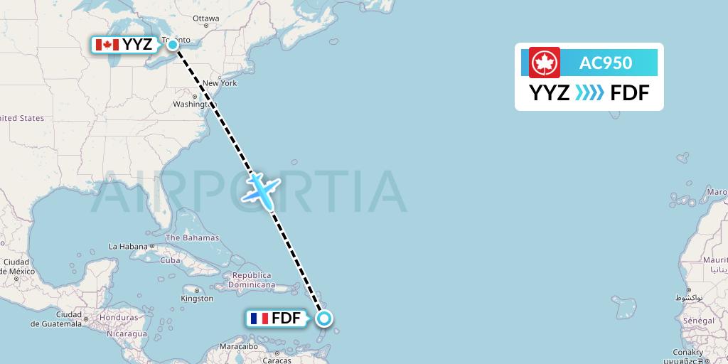 AC950 Air Canada Flight Map: Toronto to Fort-de-France
