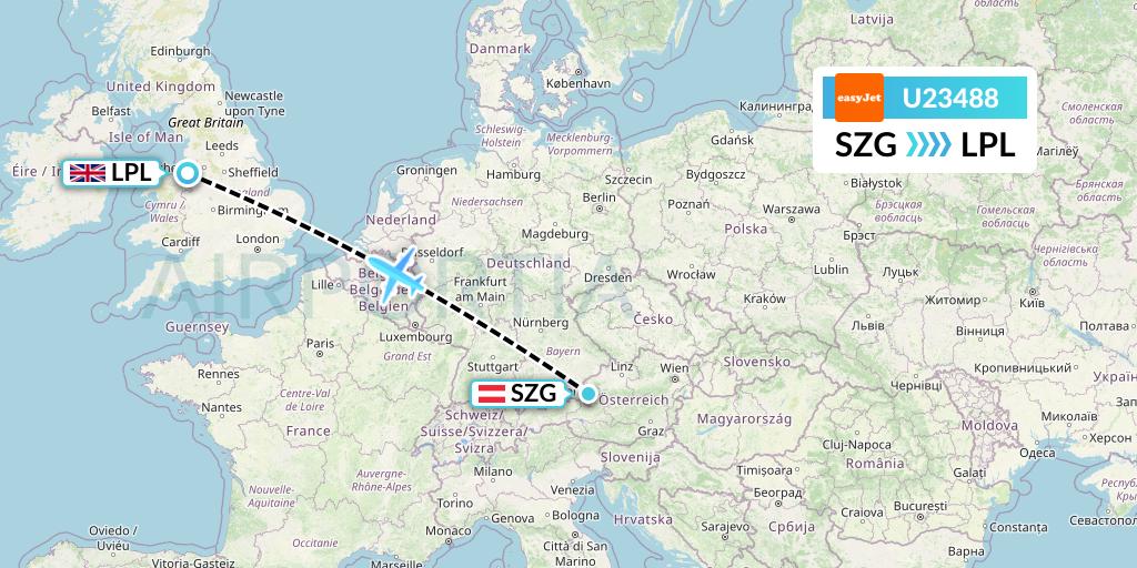 U23488 EasyJet Flight Map: Salzburg to Liverpool