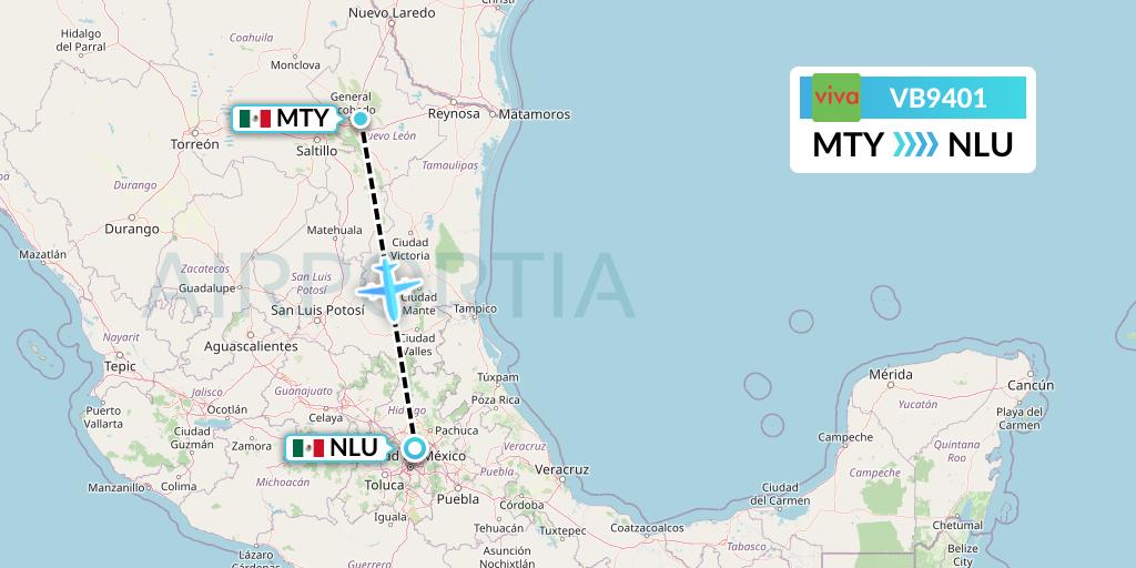 VB9401 VivaAerobus Flight Map: Monterrey to Reyes Acozac