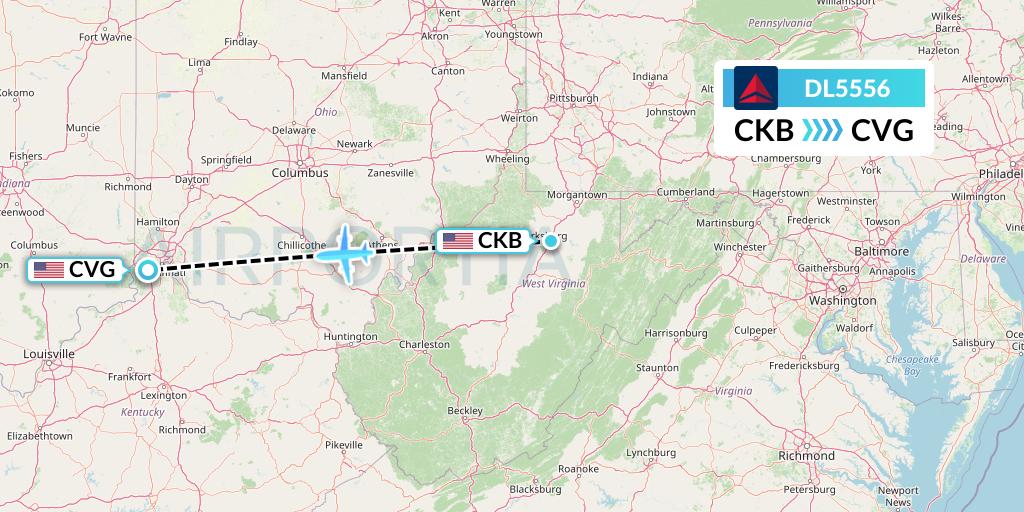 DL5556 Delta Air Lines Flight Map: Clarksburg to Cincinnati