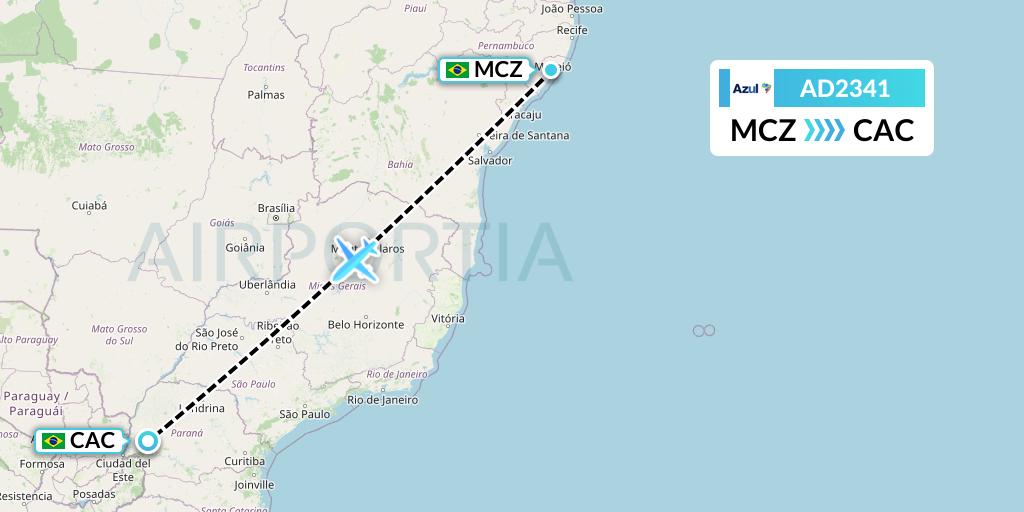 AD2341 Azul Brazilian Airlines Flight Map: Maceio to Cascavel