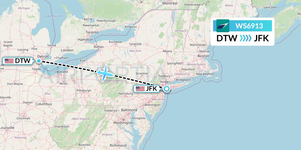 WS6913 WestJet Flight Map: Detroit to New York