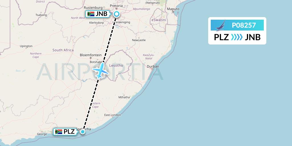 P08257 Proflight Air Services Flight Map: Port Elizabeth to Johannesburg