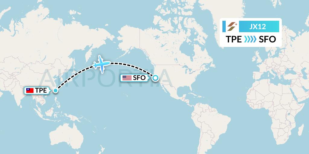 JX12 Starlux Airlines Flight Map: Taipei to San Francisco