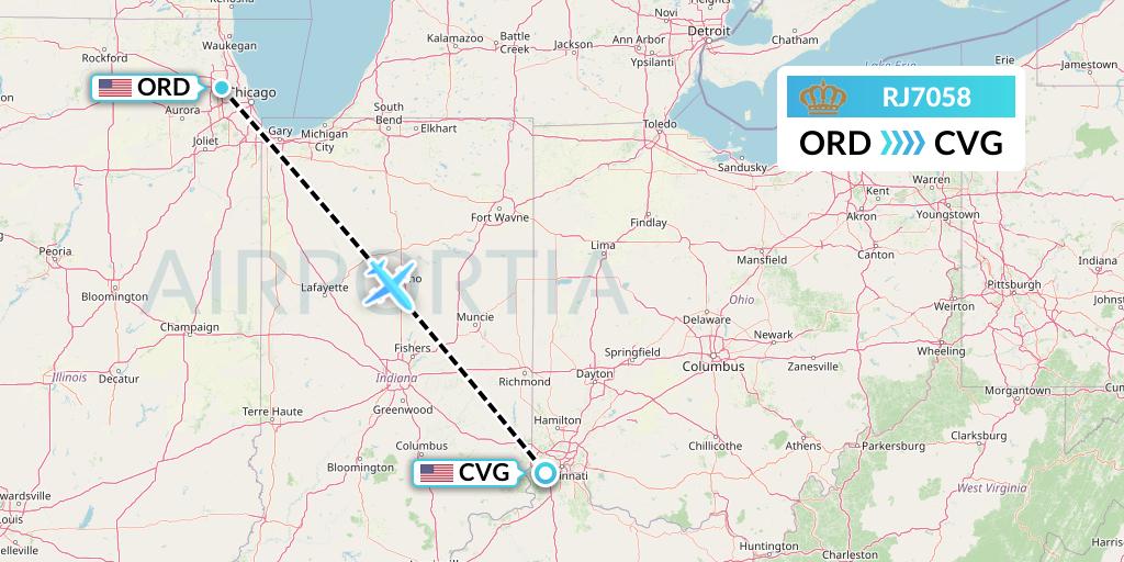 RJ7058 Royal Jordanian Flight Map: Chicago to Cincinnati