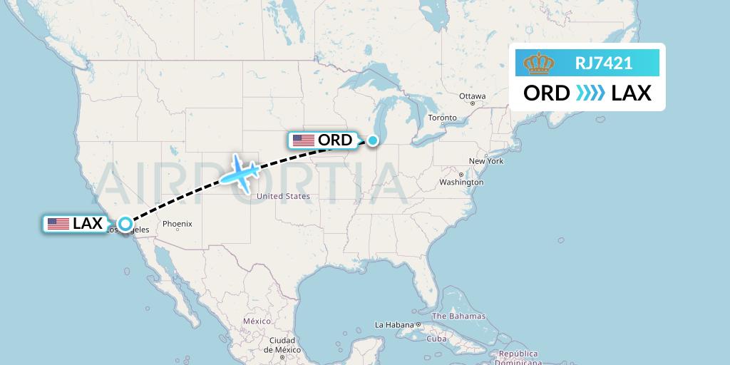 RJ7421 Royal Jordanian Flight Map: Chicago to Los Angeles
