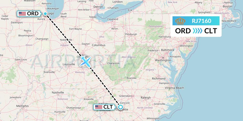 RJ7160 Royal Jordanian Flight Map: Chicago to Charlotte