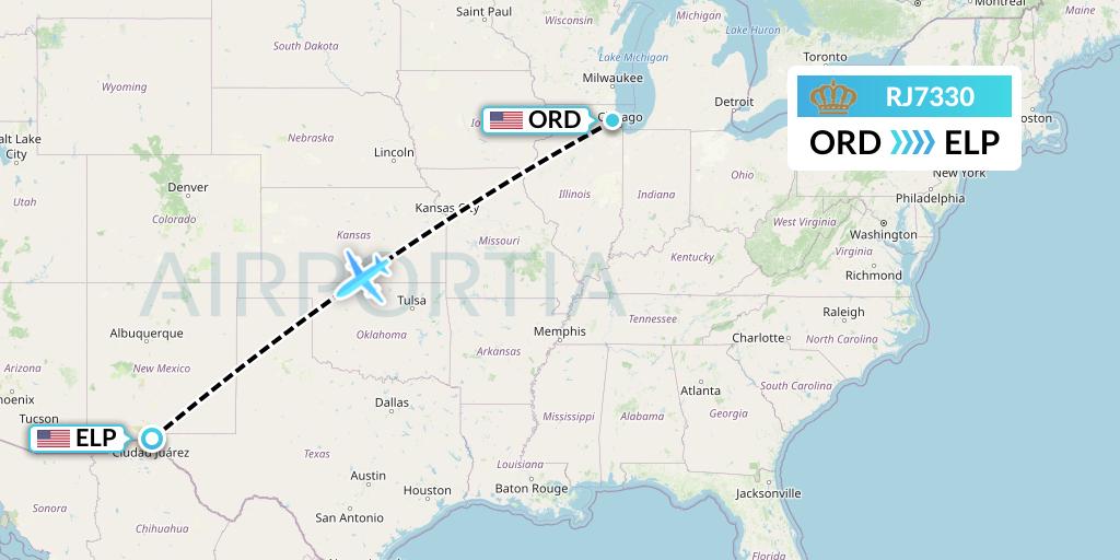RJ7330 Royal Jordanian Flight Map: Chicago to El Paso