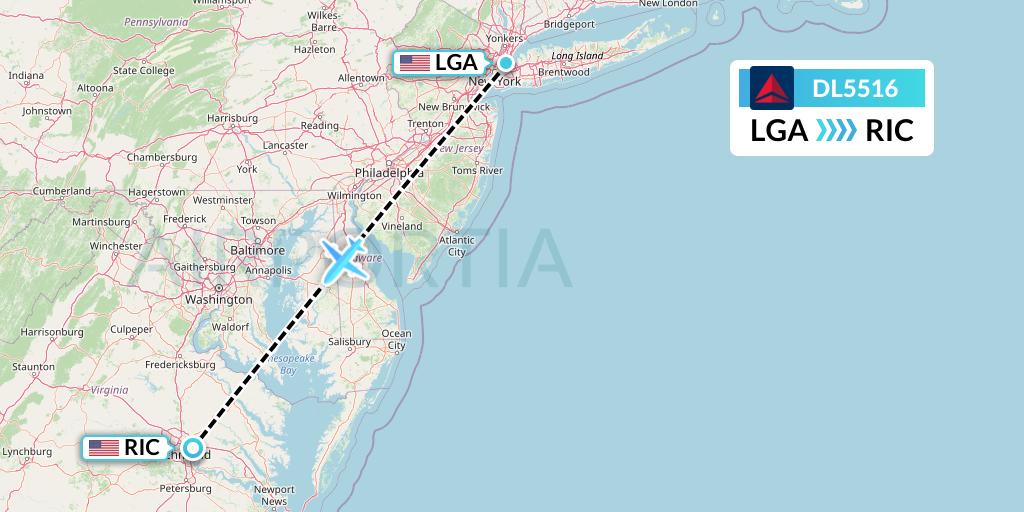 DL5516 Delta Air Lines Flight Map: New York to Richmond