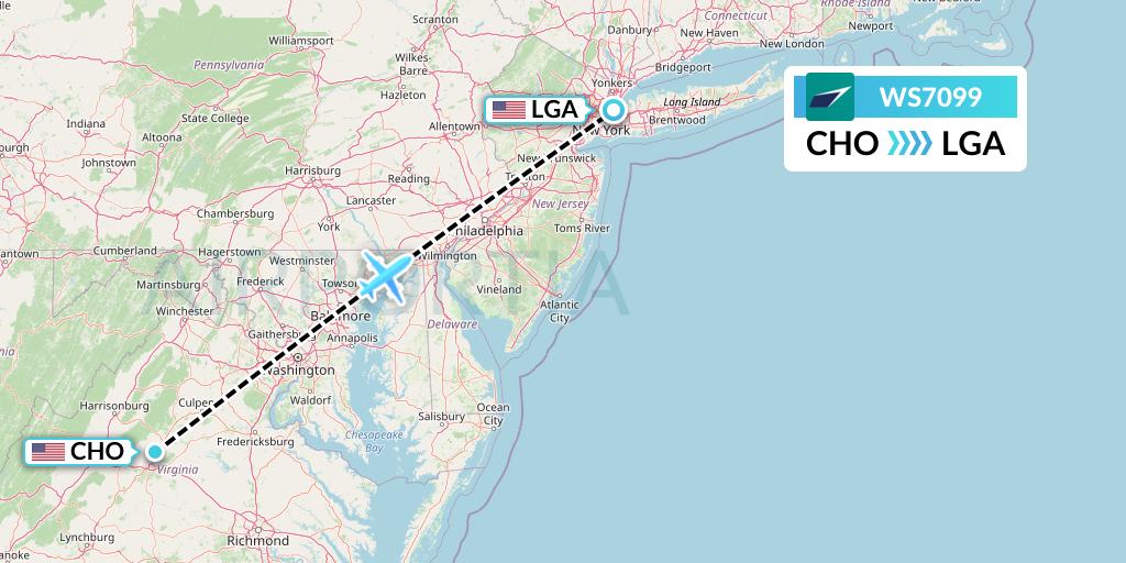 WS7099 WestJet Flight Map: Charlottesville to New York