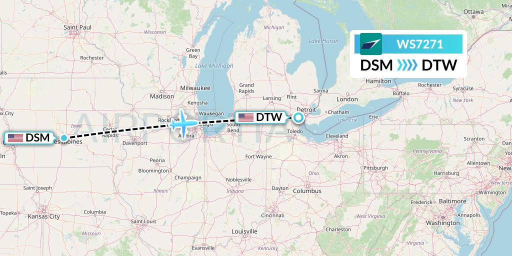 WS7271 WestJet Flight Map: Des Moines to Detroit
