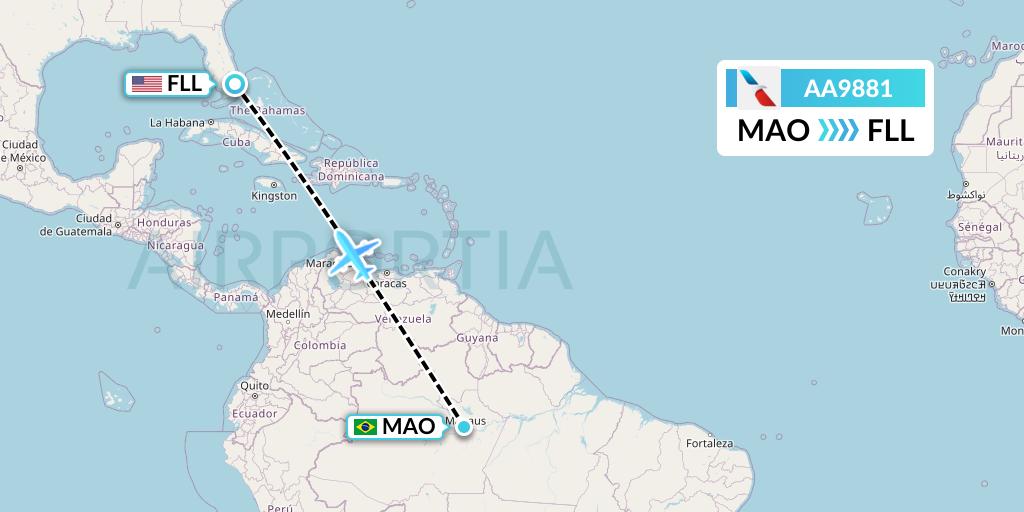 AA9881 American Airlines Flight Map: Manaus to Fort Lauderdale