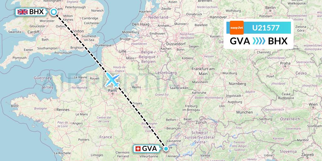 U21577 EasyJet Flight Map: Geneva to Birmingham