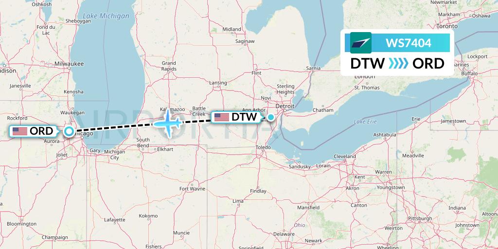 WS7404 WestJet Flight Map: Detroit to Chicago