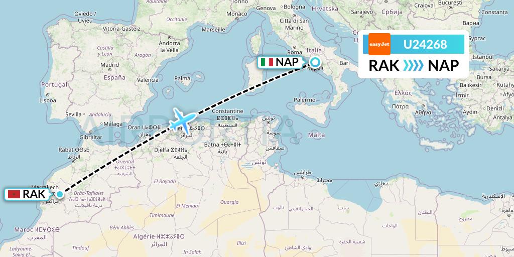 U24268 EasyJet Flight Map: Marrakesh to Naples