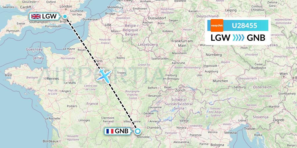 U28455 EasyJet Flight Map: London to Grenoble