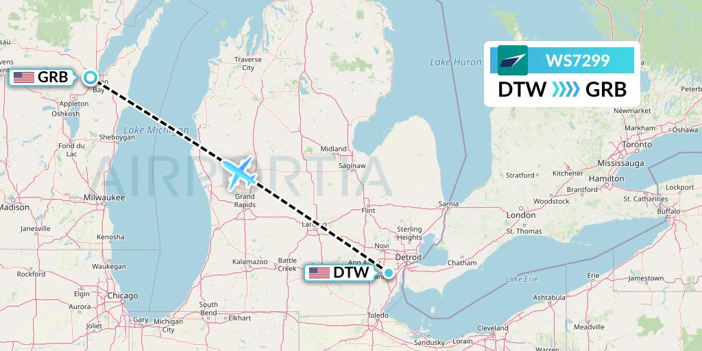 WS7299 WestJet Flight Map: Detroit to Green Bay