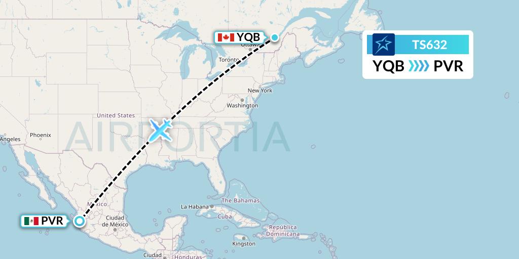 TS632 Air Transat Flight Map: Quebec to Puerto Vallarta