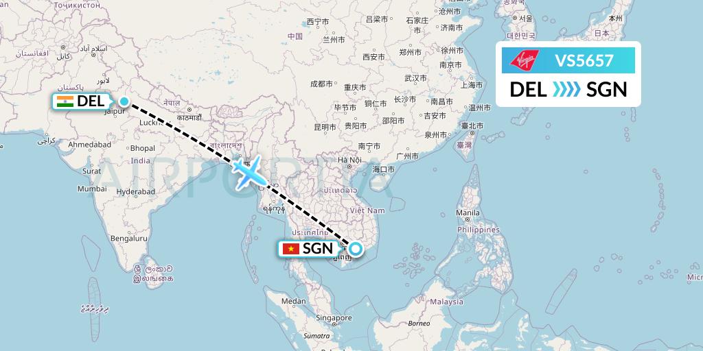 VS5657 Virgin Atlantic Airways Flight Map: Delhi to Ho Chi Minh City