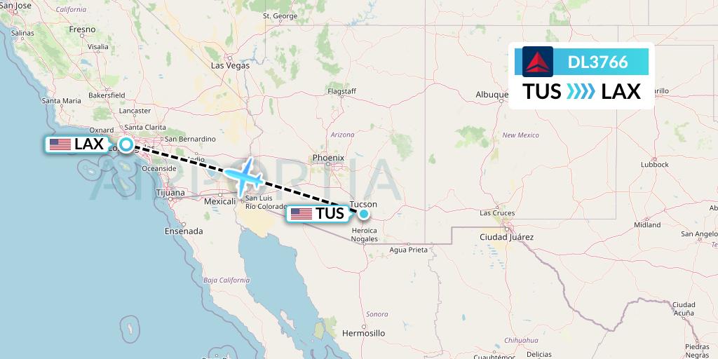 DL3766 Delta Air Lines Flight Map: Tucson to Los Angeles