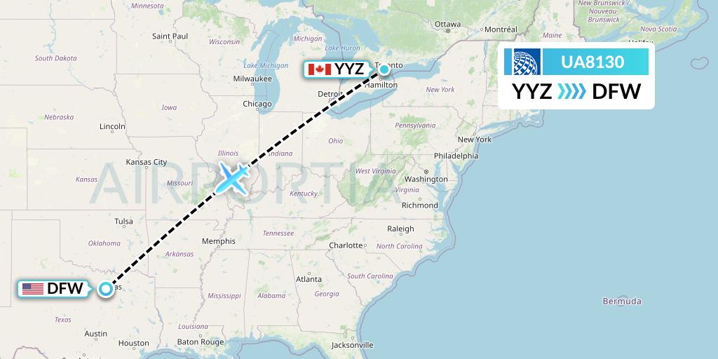 UA8130 United Airlines Flight Map: Toronto to Dallas