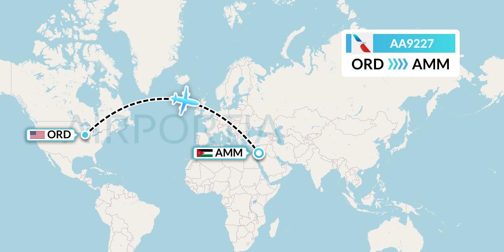 AA9227 American Airlines Flight Map: Chicago to Amman