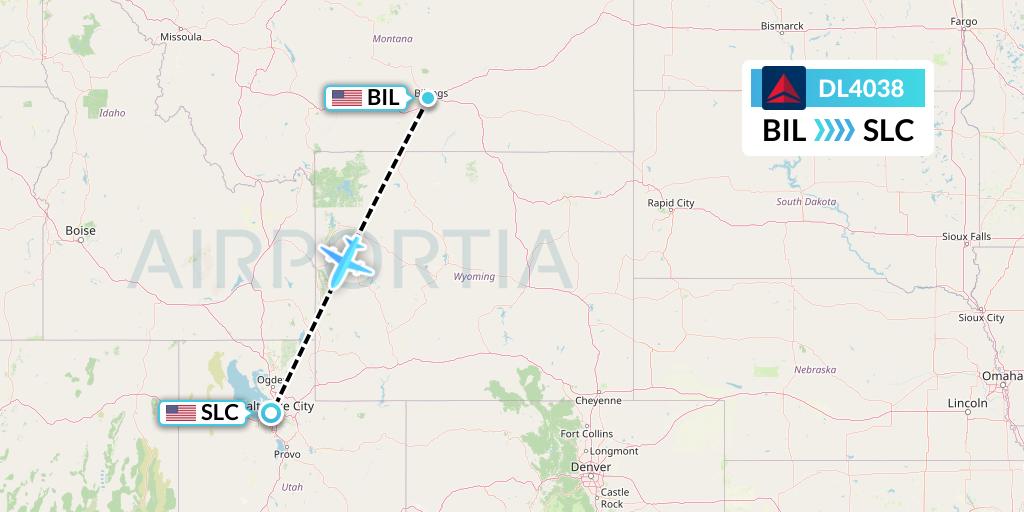 DL4038 Delta Air Lines Flight Map: Billings to Salt Lake City