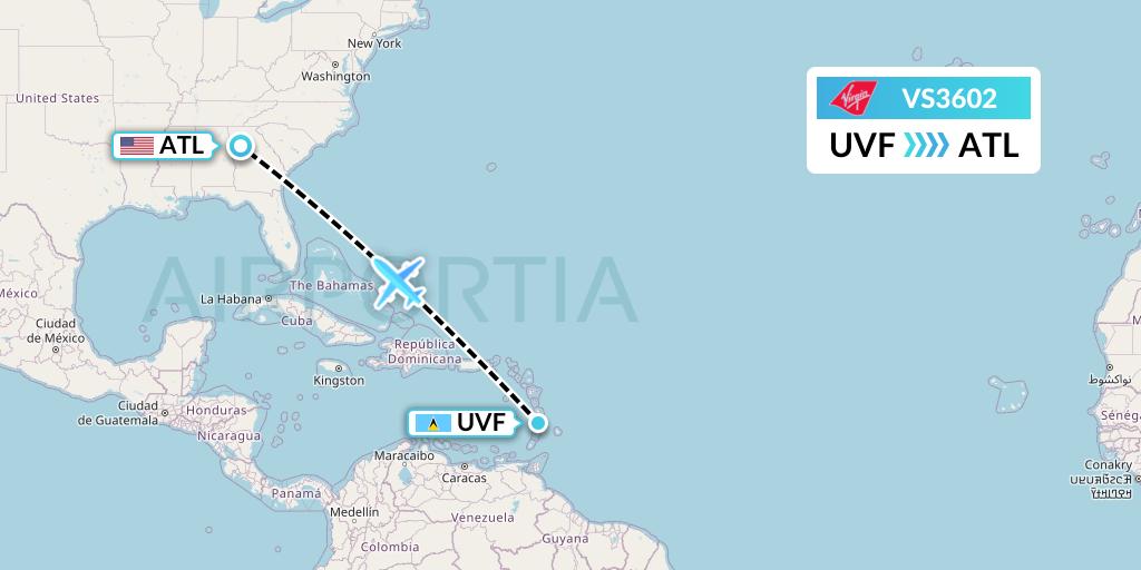 VS3602 Virgin Atlantic Airways Flight Map: Vieux Fort to Atlanta