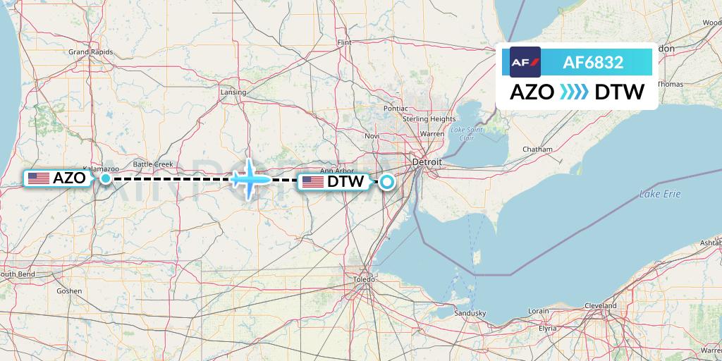 AF6832 Air France Flight Map: Kalamazoo to Detroit