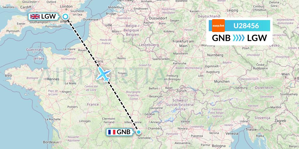 U28456 EasyJet Flight Map: Grenoble to London