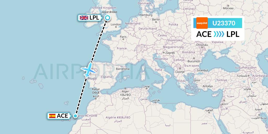 U23370 EasyJet Flight Map: Lanzarote to Liverpool