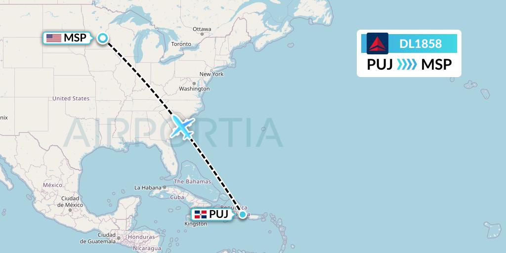 DL1858 Delta Air Lines Flight Map: Punta Cana to Minneapolis