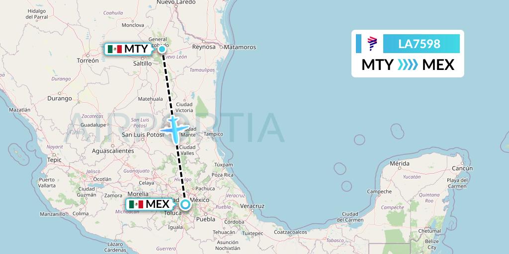 LA7598 LAN Airlines Flight Map: Monterrey to Mexico City