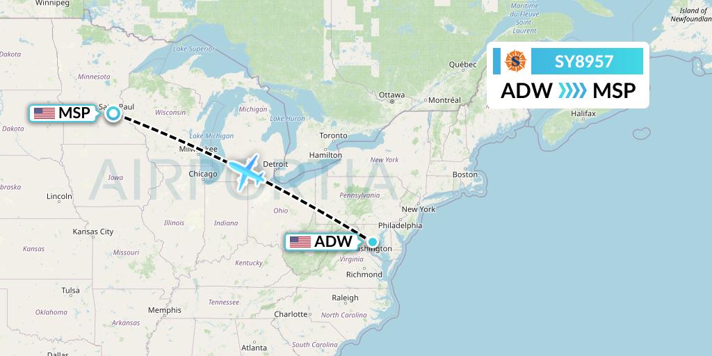 SY8957 Sun Country Airlines Flight Map: Camp Springs to Minneapolis