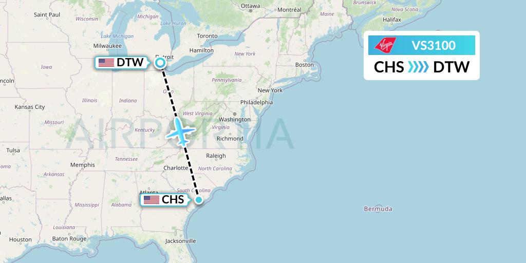 VS3100 Virgin Atlantic Airways Flight Map: Charleston to Detroit